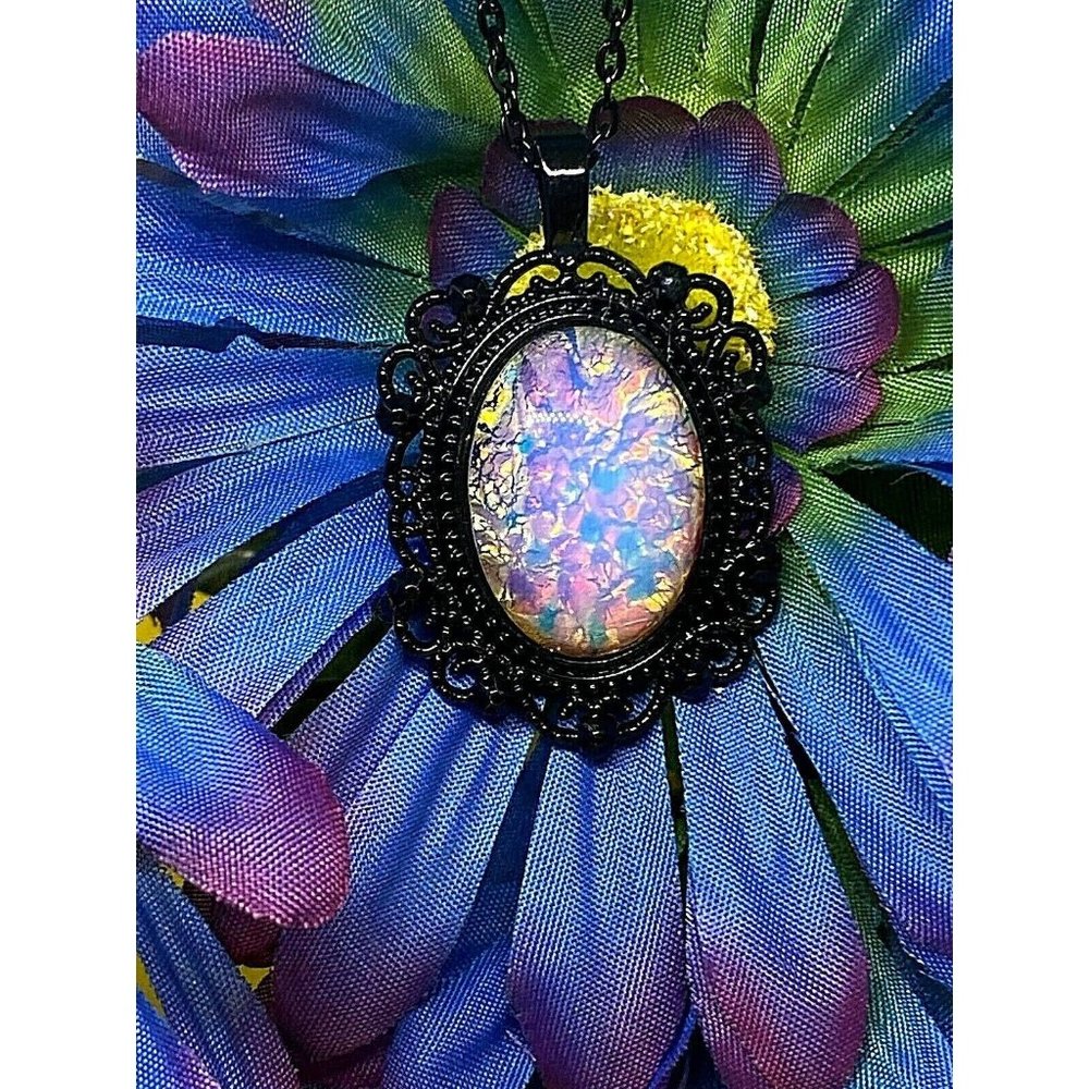 Opalescent Fire White Opal Black Enamel Necklace